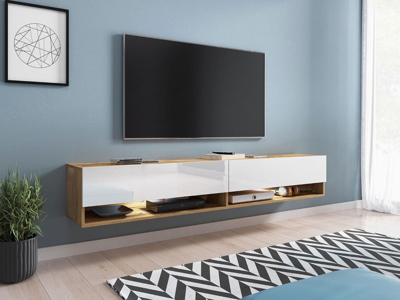 TV-Lowboard Jumbo 180, mit RGB LED Beleuchtung farbig, Farbe: Wotan / Weiß Hochglanz Bild 1