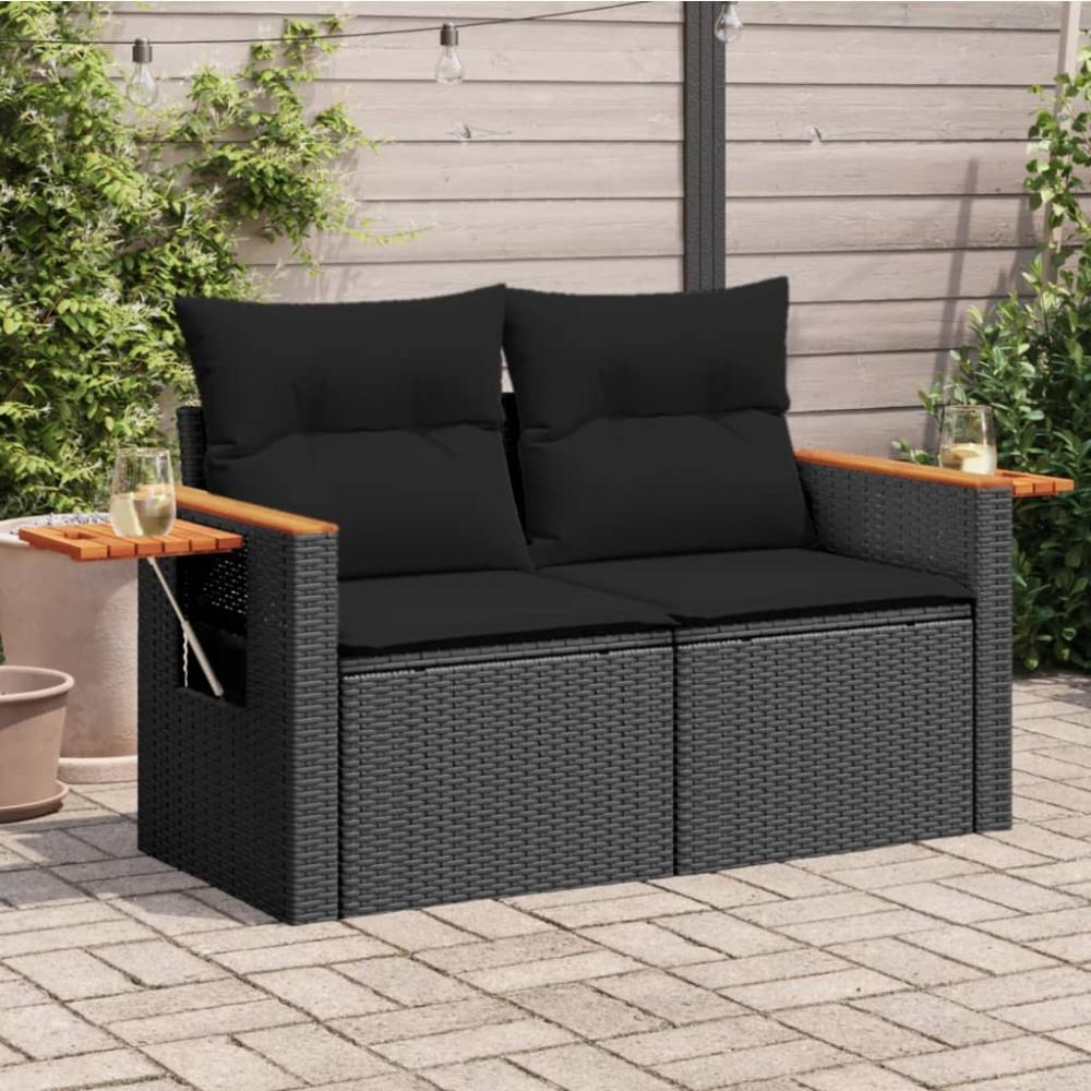 vidaXL Gartensofa mit Kissen 2-Sitzer Schwarz Poly Rattan Bild 1