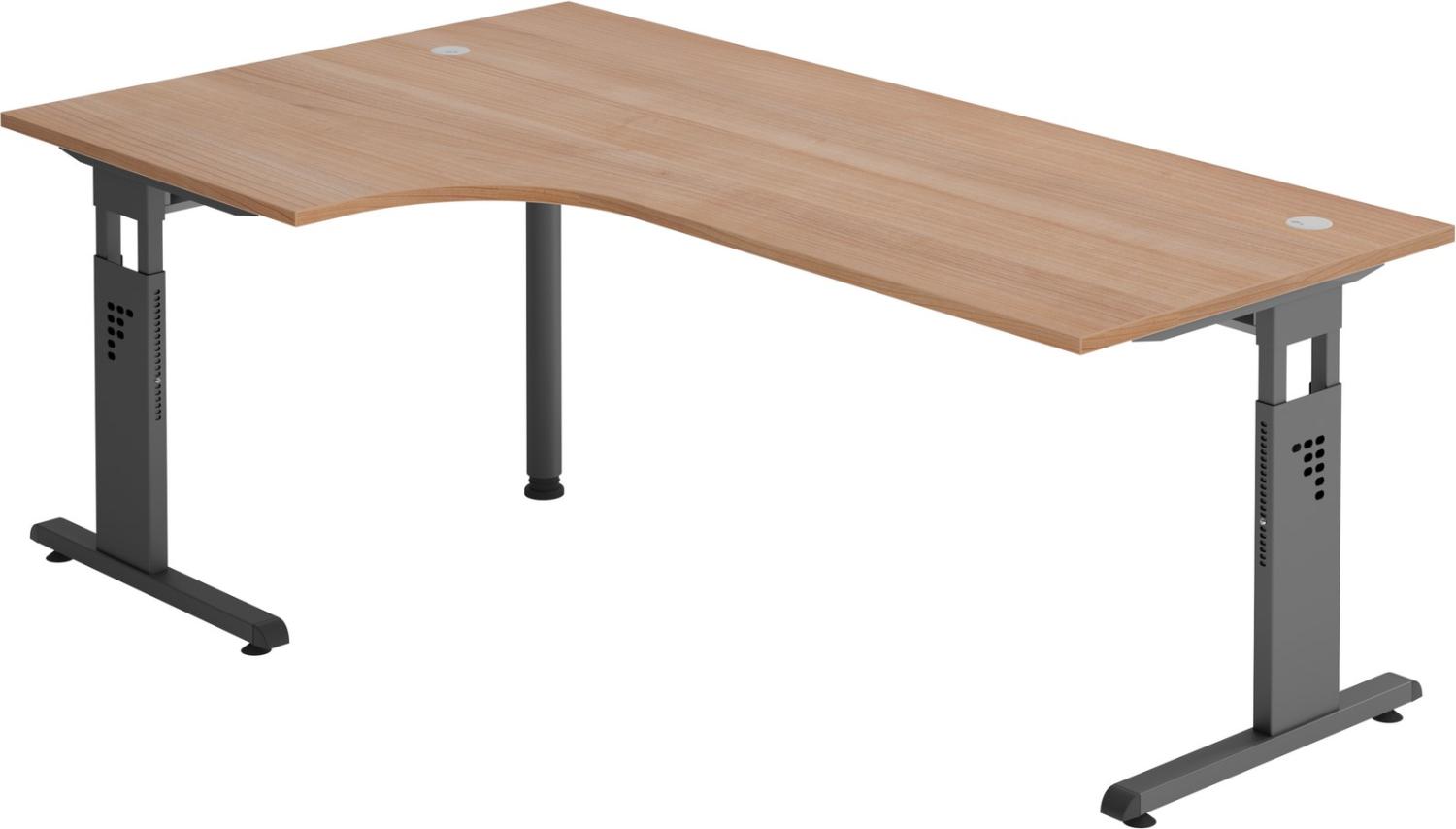 bümö® Eckschreibtisch O-Serie höhenverstellbar, Tischplatte 200 x 120 cm in Nussbaum, Gestell in graphit Bild 1