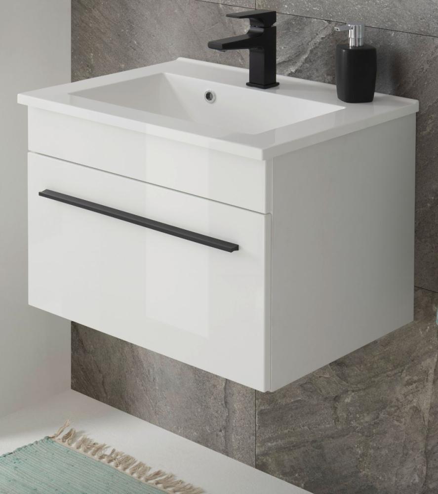 Waschbeckenunterschrank hängend mit Waschbecken Design-D in Hochglanz weiß 60 cm Bild 1