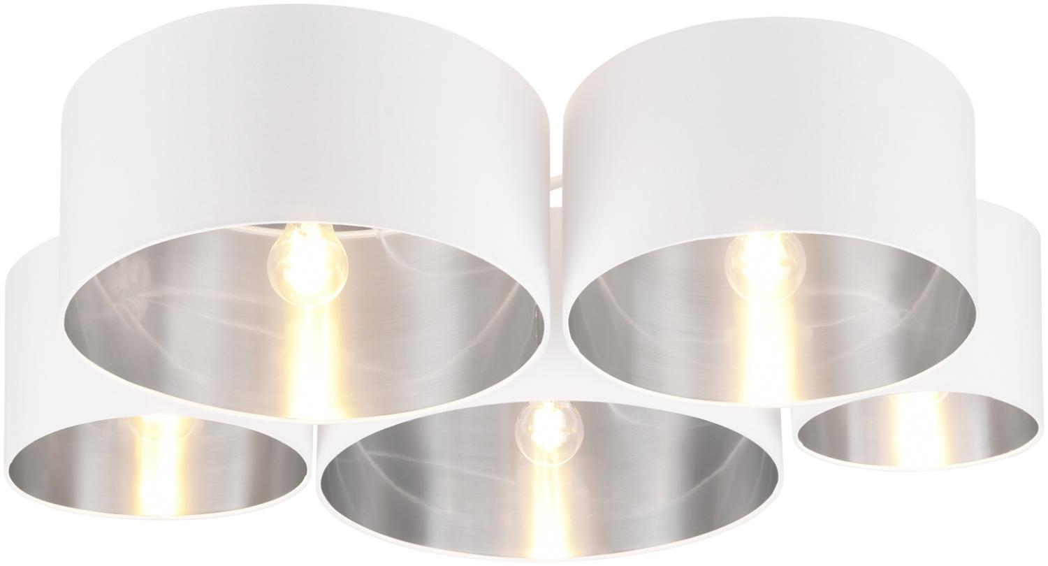LED Deckenleuchte 5-flammig, Stoff Lampenschirme Weiß Silber, Breite 90cm Bild 1