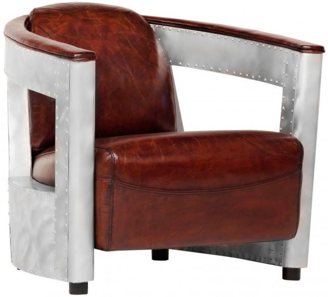 Casa Padrino Echt Leder Art Deco Sessel Chrom / Braun - Club Sessel - Lounge Sessel - Vintage Leder Bild 1