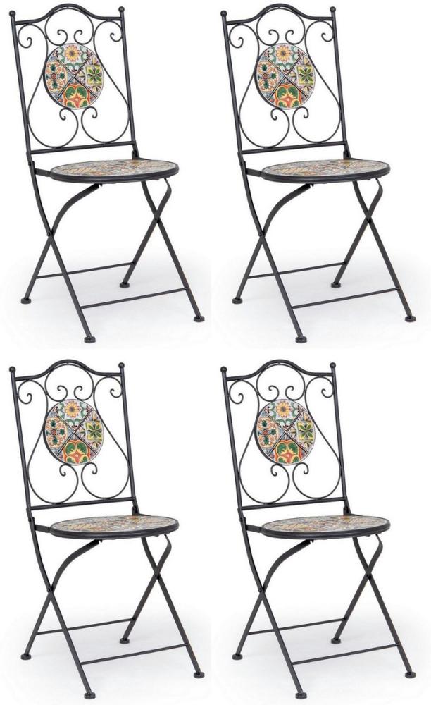 Casa Padrino Jugendstil Gartenstuhl 4er Set Schwarz / Mehrfarbig 39 x 47 x H. 92 cm - Klappbare Stühle mit Keramik Platten - Nostalgische Garten & Gastronomie Möbel Bild 1