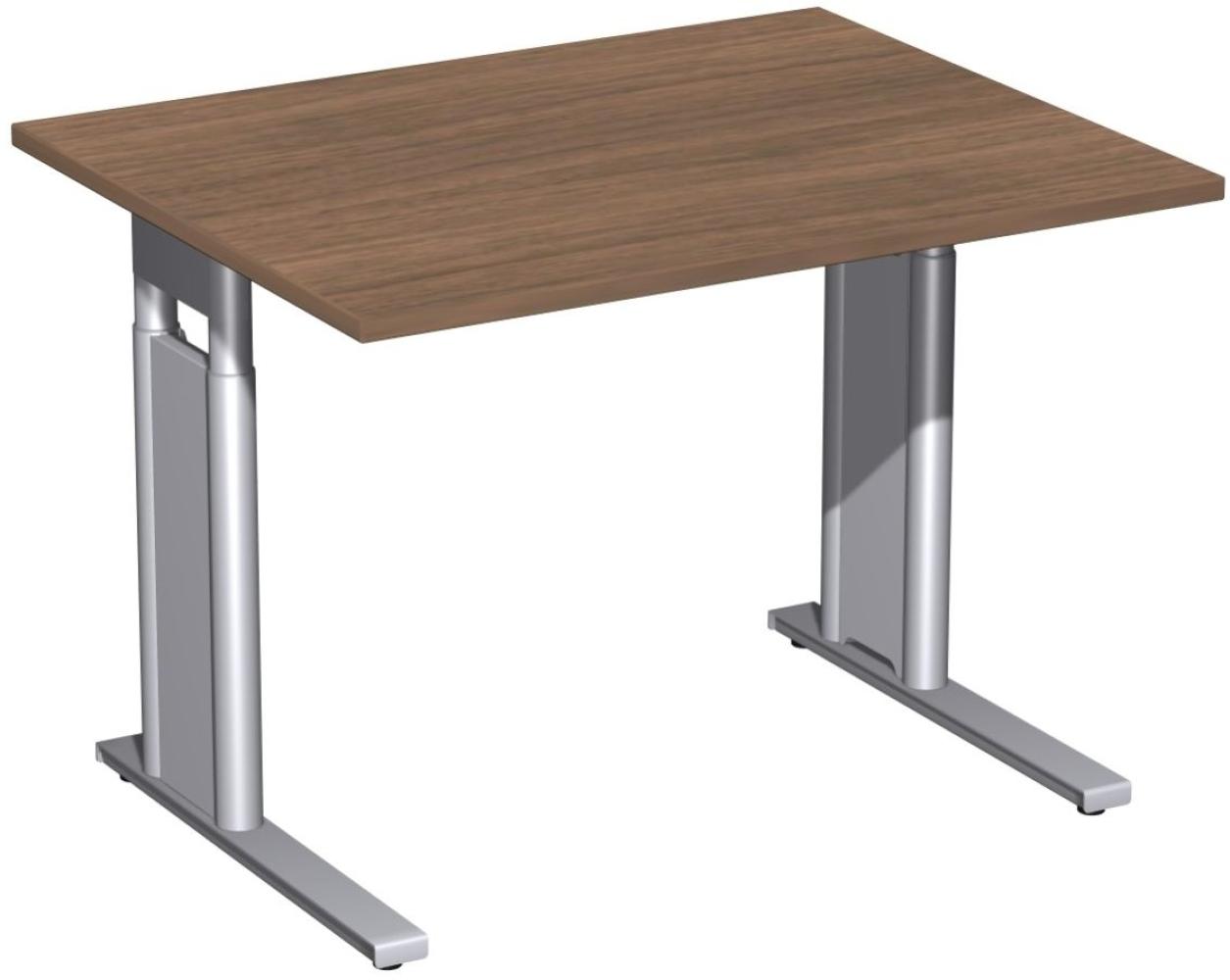 Schreibtisch 'C Fuß Pro' höhenverstellbar, 100x80cm, Nussbaum / Silber Bild 1