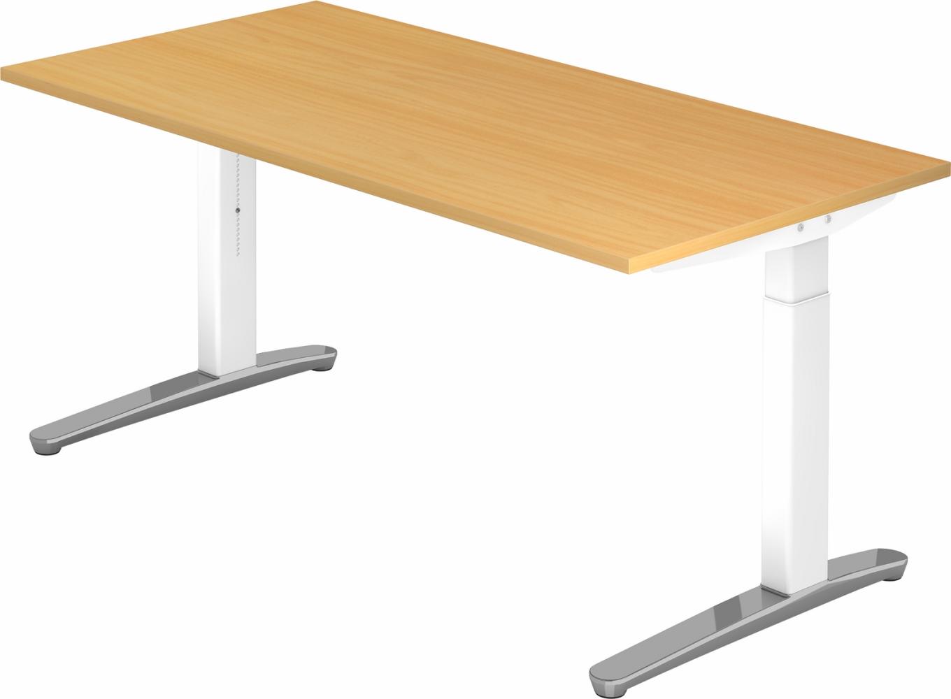 bümö® Design Schreibtisch XB-Serie höhenverstellbar, Tischplatte 160 x 80 cm in Buche, Gestell in weiß/alu poliert Bild 1