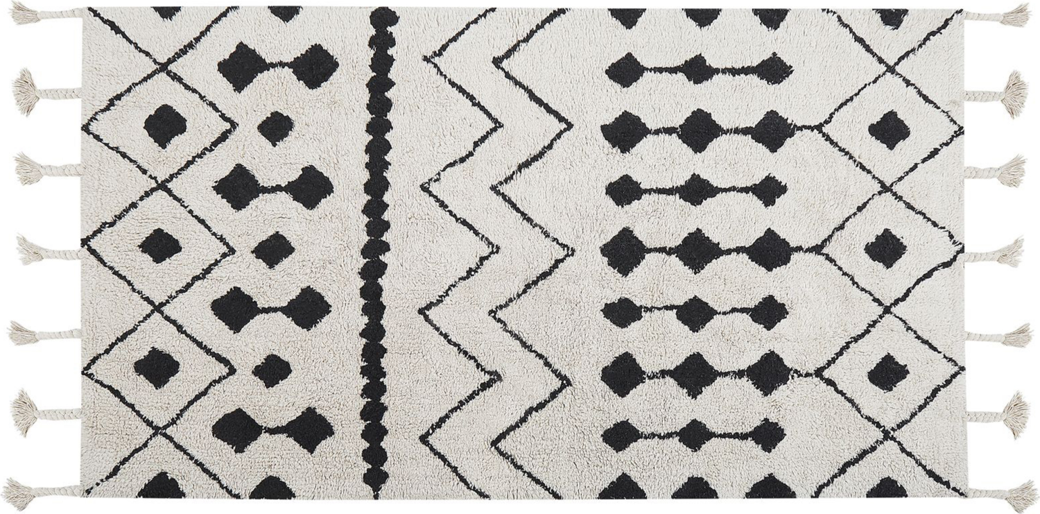 Teppich Baumwolle weiß schwarz 80 x 150 cm geometrisches Muster Kurzflor KHEMISSET Bild 1