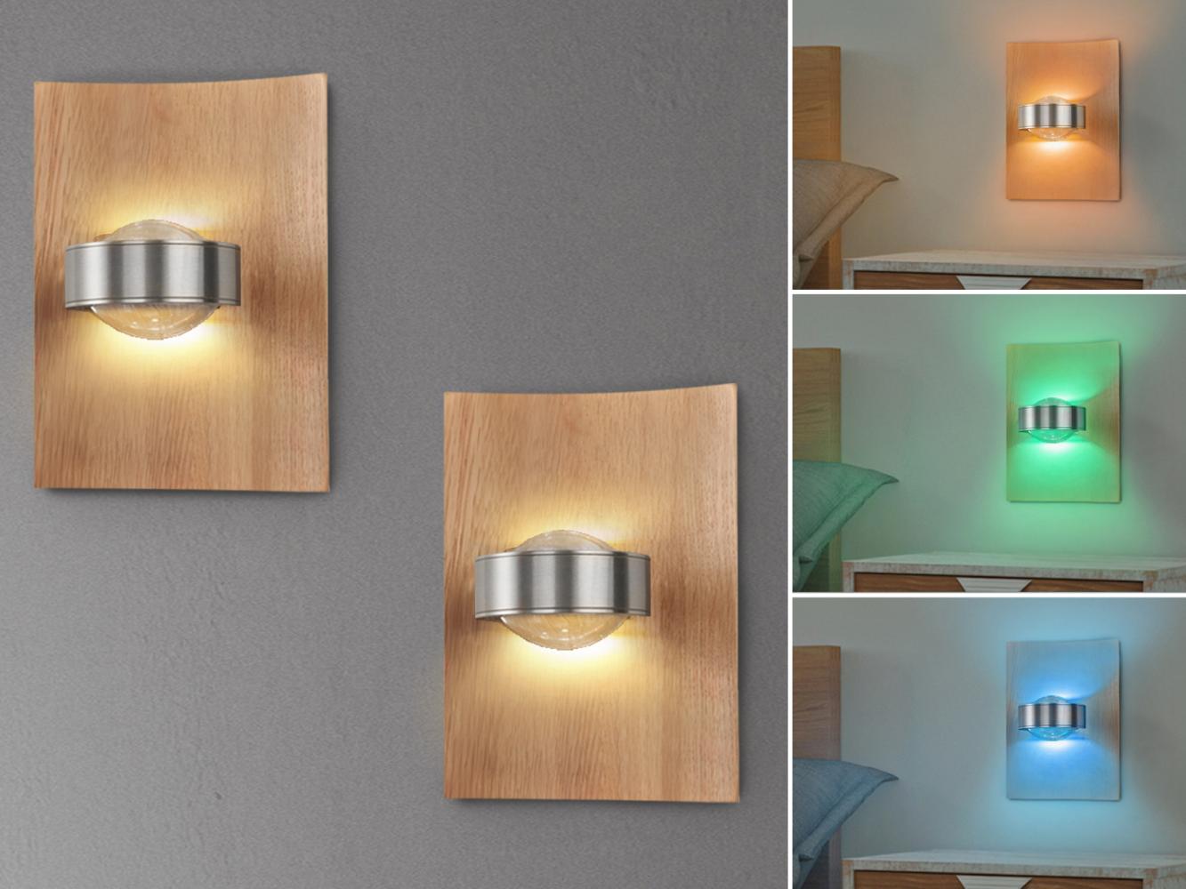 2er SET LED Wandlampen Holz mit Schalter, dimmbar & RGB Farbwechsel, 21cm hoch Bild 1