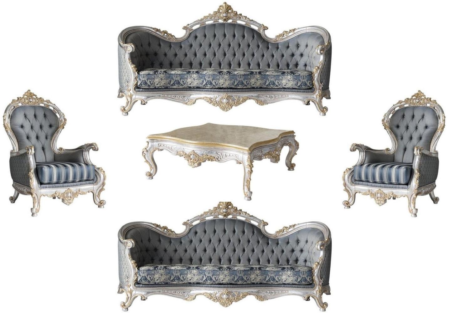 Casa Padrino Luxus Barock Wohnzimmer Set Grau / Blau / Silber / Gold - 2 Sofas & 2 Sessel & 1 Couchtisch - Prunkvolle Wohnzimmer Möbel im Barockstil Bild 1