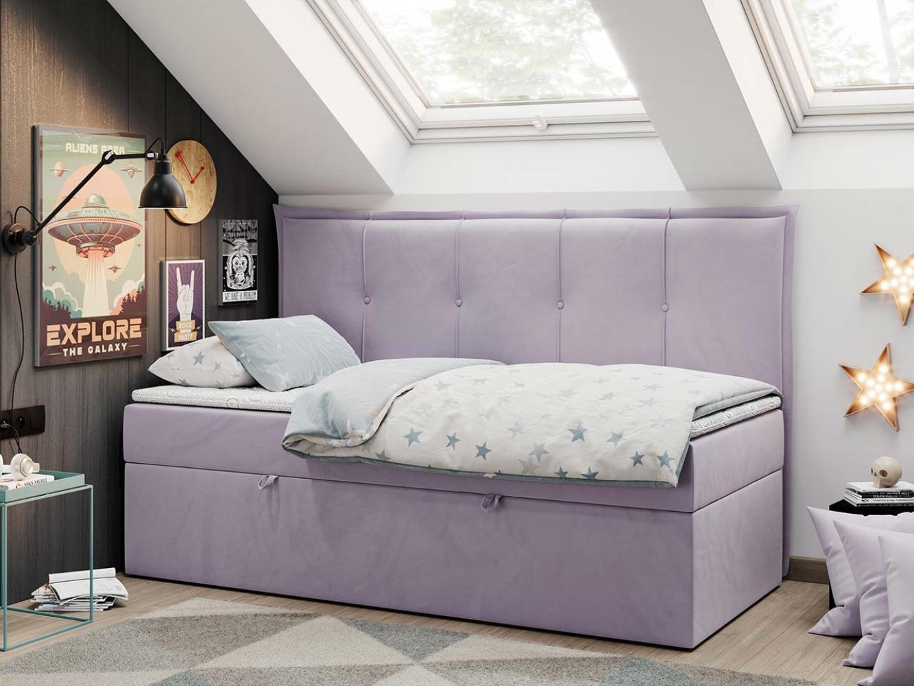 Kinderbett BANCO, Boxspringbetten für Kinderzimmer, Jugendbett, Einzelbett mit Matratze - Violett Velours - Topper Visco Bild 1