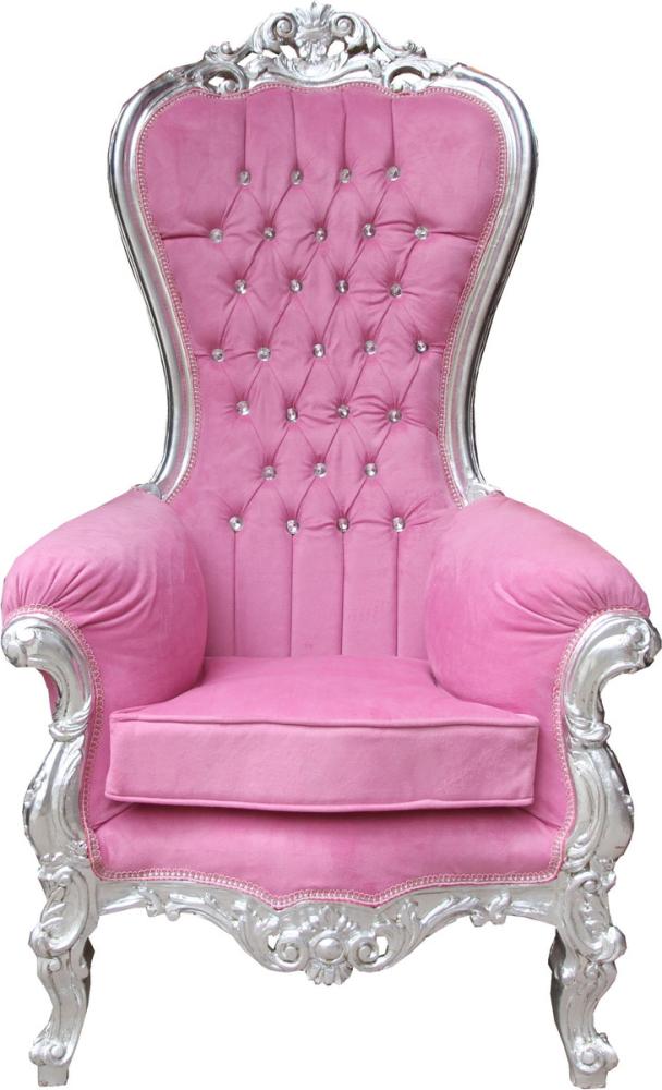 Casa Padrino Barock Damen Thron Sessel Majestic Medium Rosa / Silber mit Bling Bling Glitzersteinen - Riesensessel - Thron Stuhl Tron Bild 1