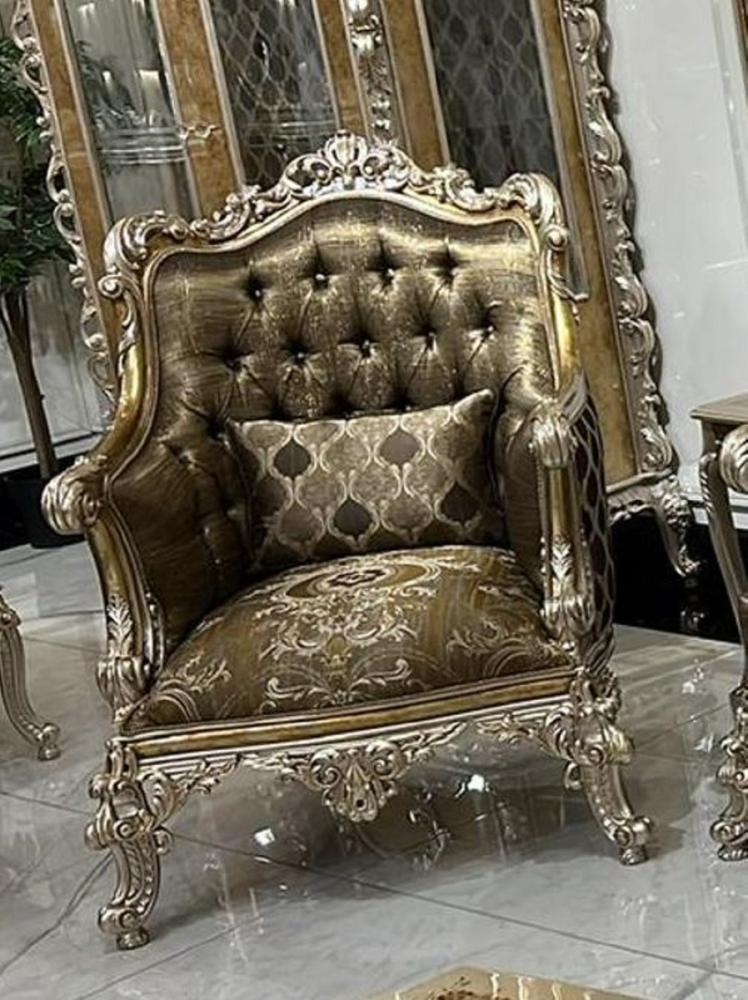 Casa Padrino Luxus Barock Wohnzimmer Sessel Gold / Silber - Prunkvoller Sessel mit dekorativem Kissen - Barock Wohnzimmer Möbel - Edel & Prunkvoll Bild 1