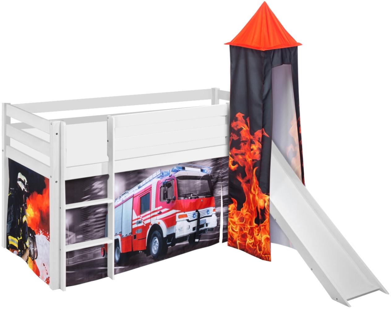 Lilokids 'Jelle' Spielbett 90 x 190 cm, Feuerwehr, Kiefer massiv, mit Turm, Rutsche und Vorhang Bild 1