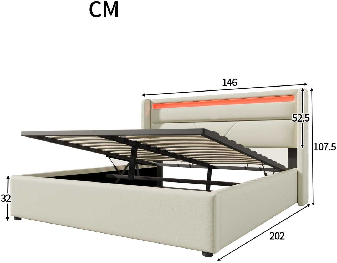 Merax LED 140x200 Hydraulisches Polsterbett aus Kunstleder Funktionsbett Doppelbett mit Lattenrost Weiß Bild 1