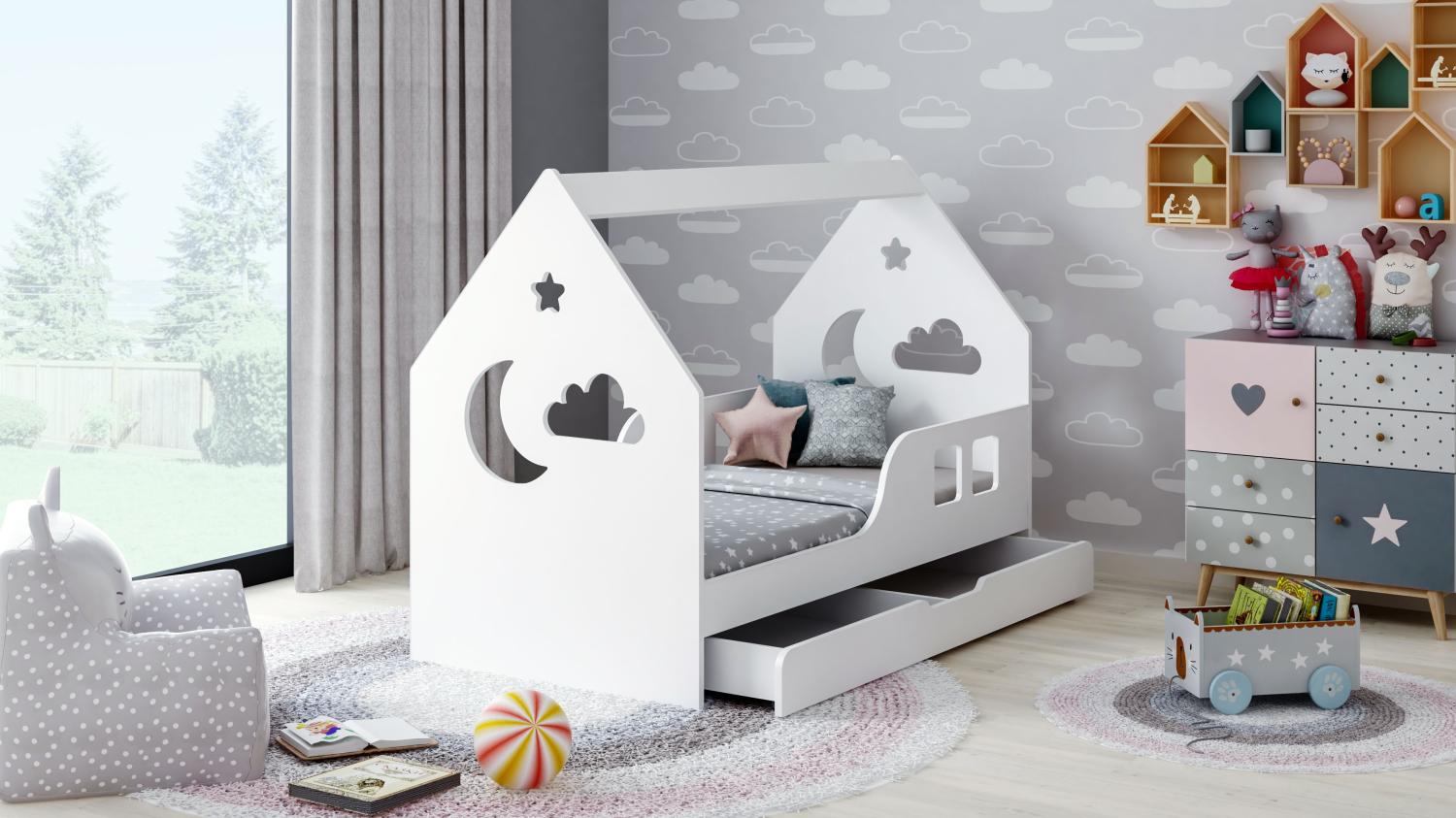 Sämann® Babybett Hausbett 70 x 140 cm mit Schublade, Mond weiß Bild 1
