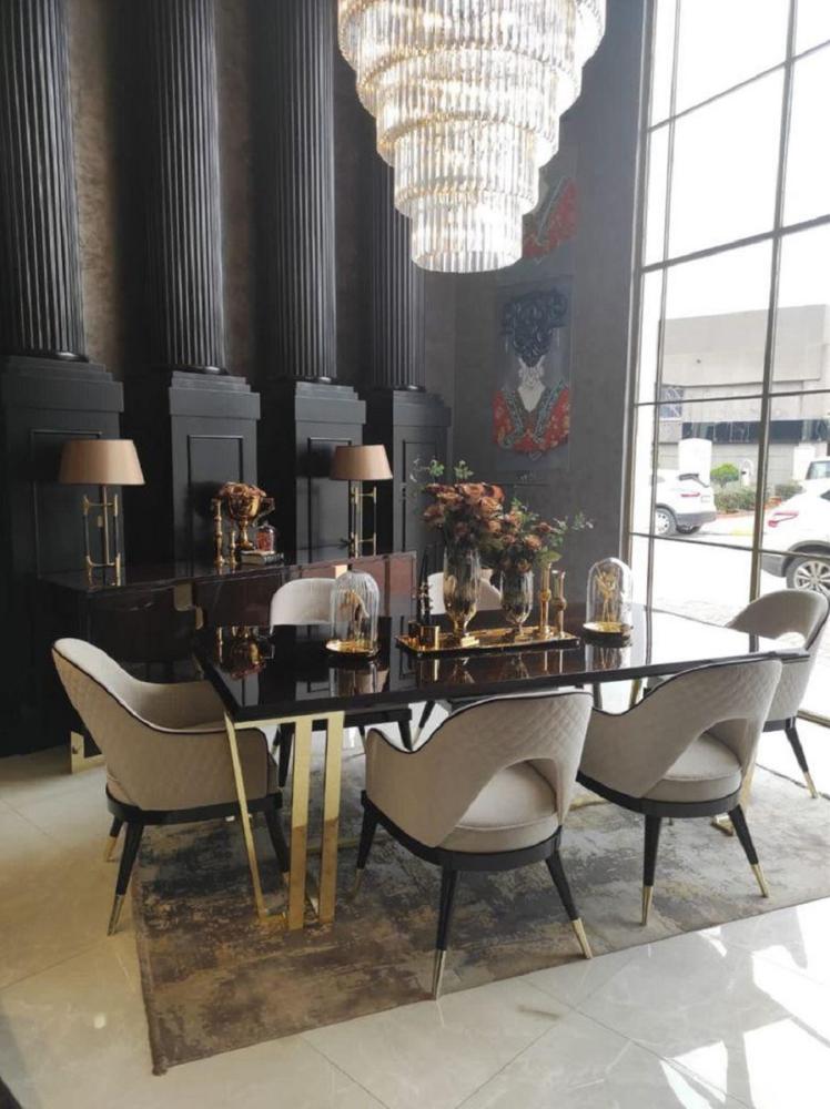 Casa Padrino Luxus Art Deco Esszimmer Set Beige / Dunkelbraun / Gold - 1 Esstisch & 6 Esszimmerstühle - Hochwertige Art Deco Esszimmer Möbel Bild 1