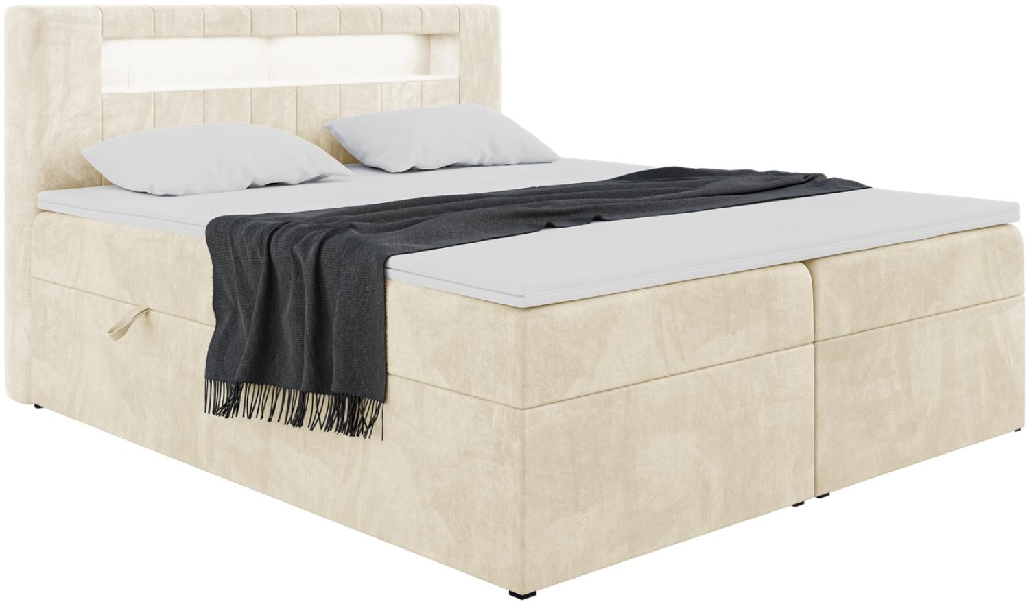 MEBLINI Boxspringbett ASPIN 160x200 cm mit Bettkasten und LED - H4/Beige Samt Polsterbett - Doppelbett mit Topper & Taschenfederkern-Matratze Bild 1