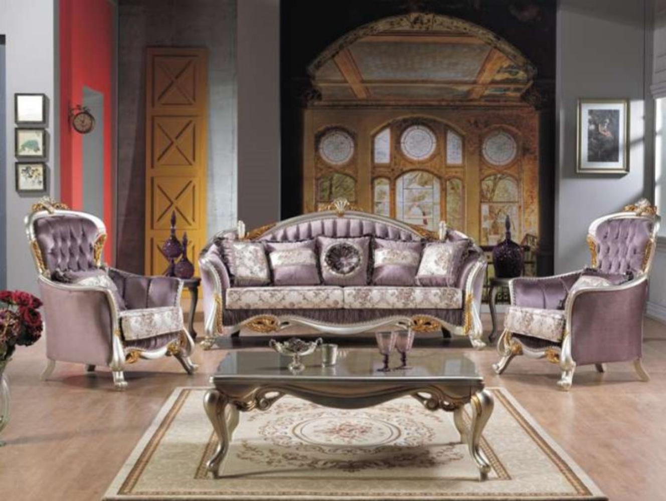Casa Padrino Barock Neoklassik Sofa Set - 3er Sofa, 2 Sessel und Couchtisch - lila/silber/gold - Luxus Kollektion aus Italien Bild 1
