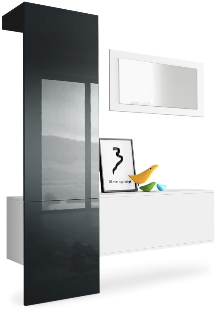Vladon Garderobe Carlton Set 4, Garderobenset bestehend aus 1 Garderobenpaneel, 1 Schrankmodul und 1 Wandspiegel, Weiß matt/Schwarz Hochglanz (156 x 193 x 35 cm) Bild 1
