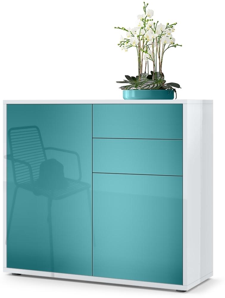 Vladon Sideboard Ben, Kommode mit 2 Türen und 2 Schubladen, Weiß Hochglanz/Petrol Hochglanz (79 x 74 x 36 cm) Bild 1