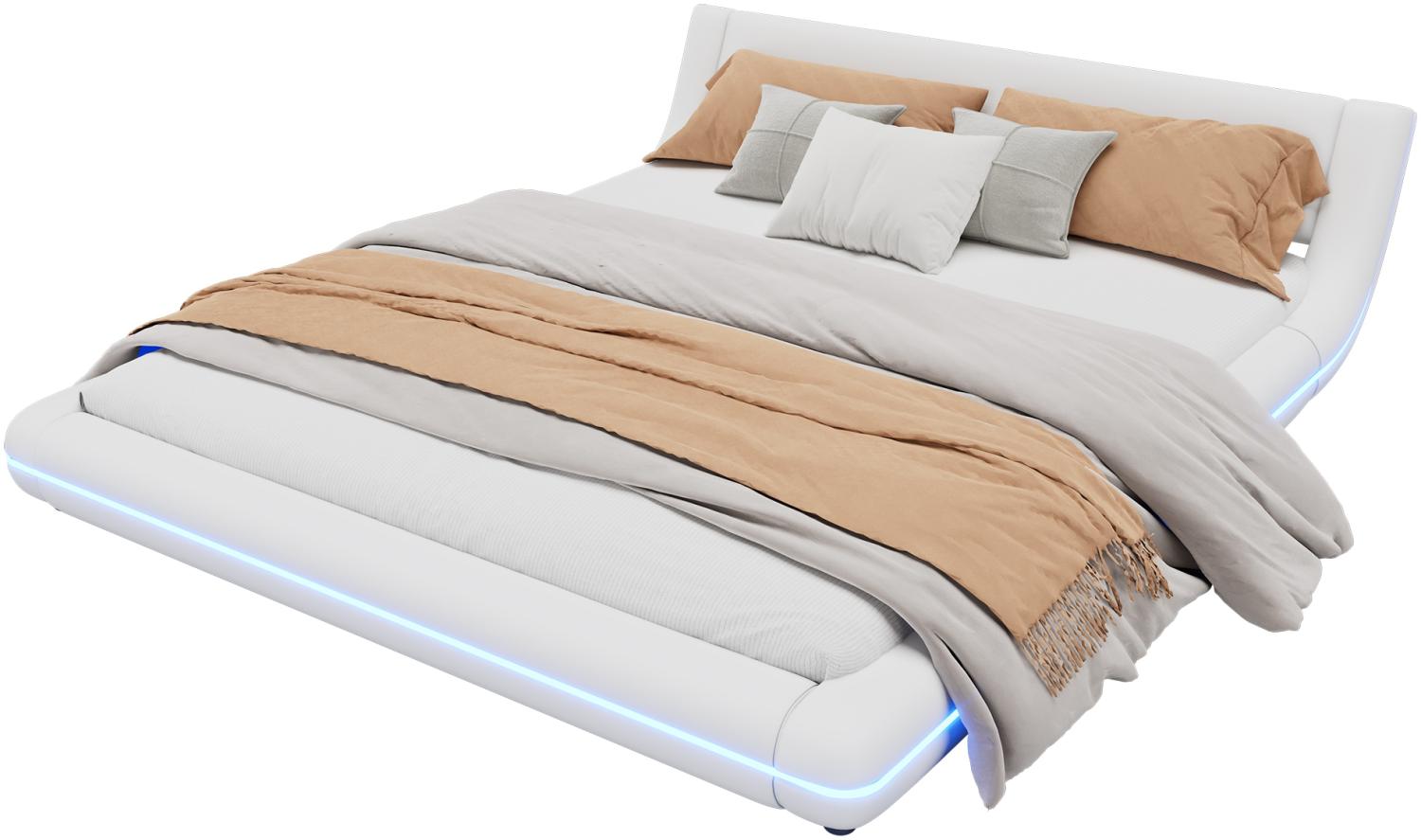 Merax 160*200cm Flachbett, Bodenbett, PU, LED-Umgebungslicht, 24-Tasten-Fernbedienung, weiß Bild 1