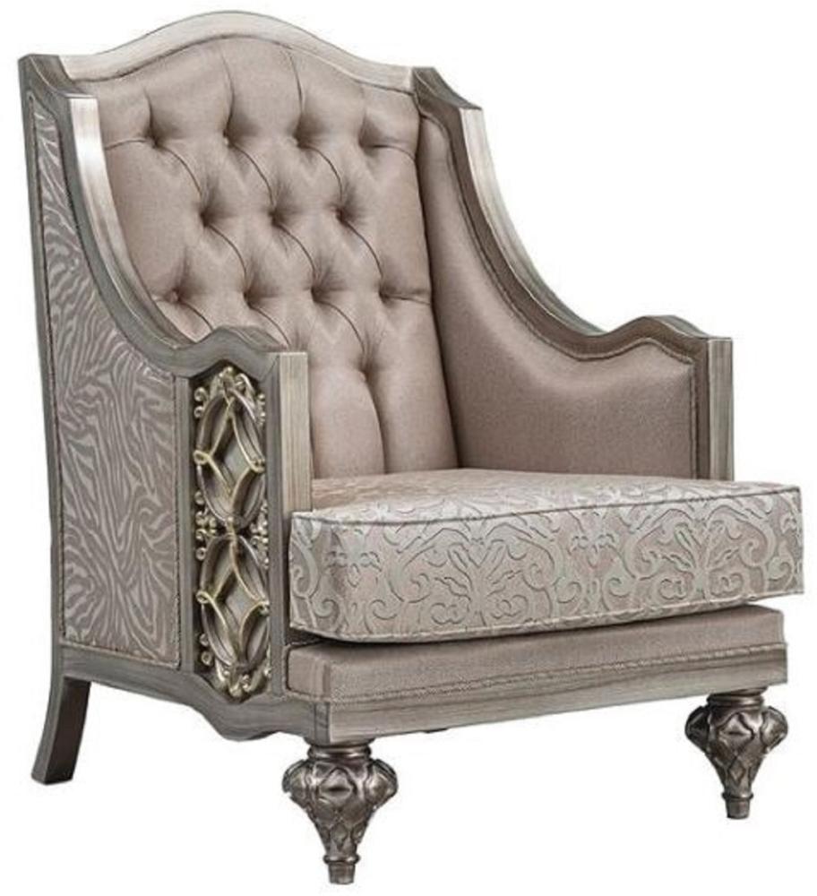Casa Padrino Luxus Barock Sessel Rosa / Silber - Handgefertigter Barockstil Sessel mit elegantem Muster und dekorativem Kissen - Prunkvolle Barock Wohnzimmer Möbel Bild 1