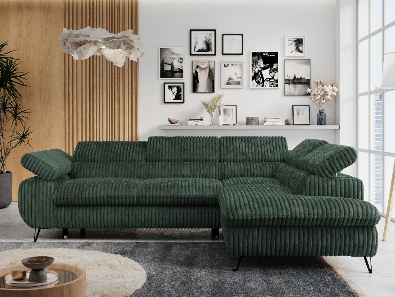 Ecksofa mit Bettfunktion, Modern Sofa, L-form, Einstellbare Kopfstützen, Bettkasten - PETER - Grün Cord - Topper T25 - rechts Bild 1