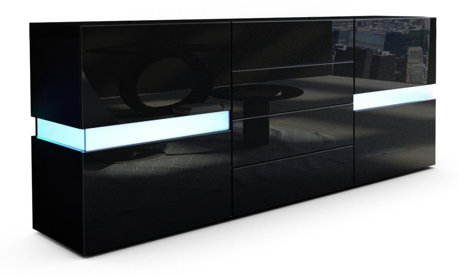 Vladon Sideboard Flow, Schwarz matt/Schwarz Hochglanz inkl. LED - Moderne Kommode mit Ambient Light Verglasung für Ihr Wohnbereich (177 x 75 x 39 cm) Bild 1