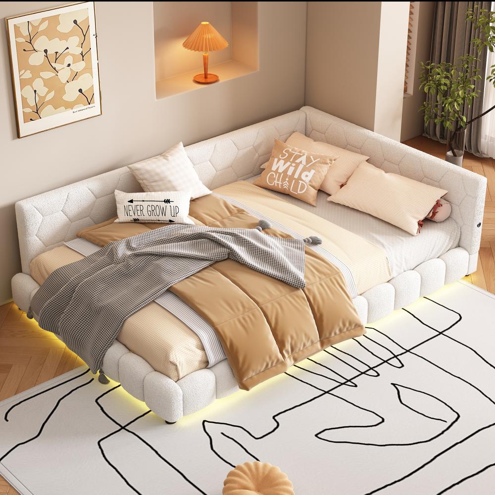 Merax Polsterbett, LED Doppelbett Daybett Tagesbett Samt 140x200cm mit USB-Anschluss Weiß Bild 1