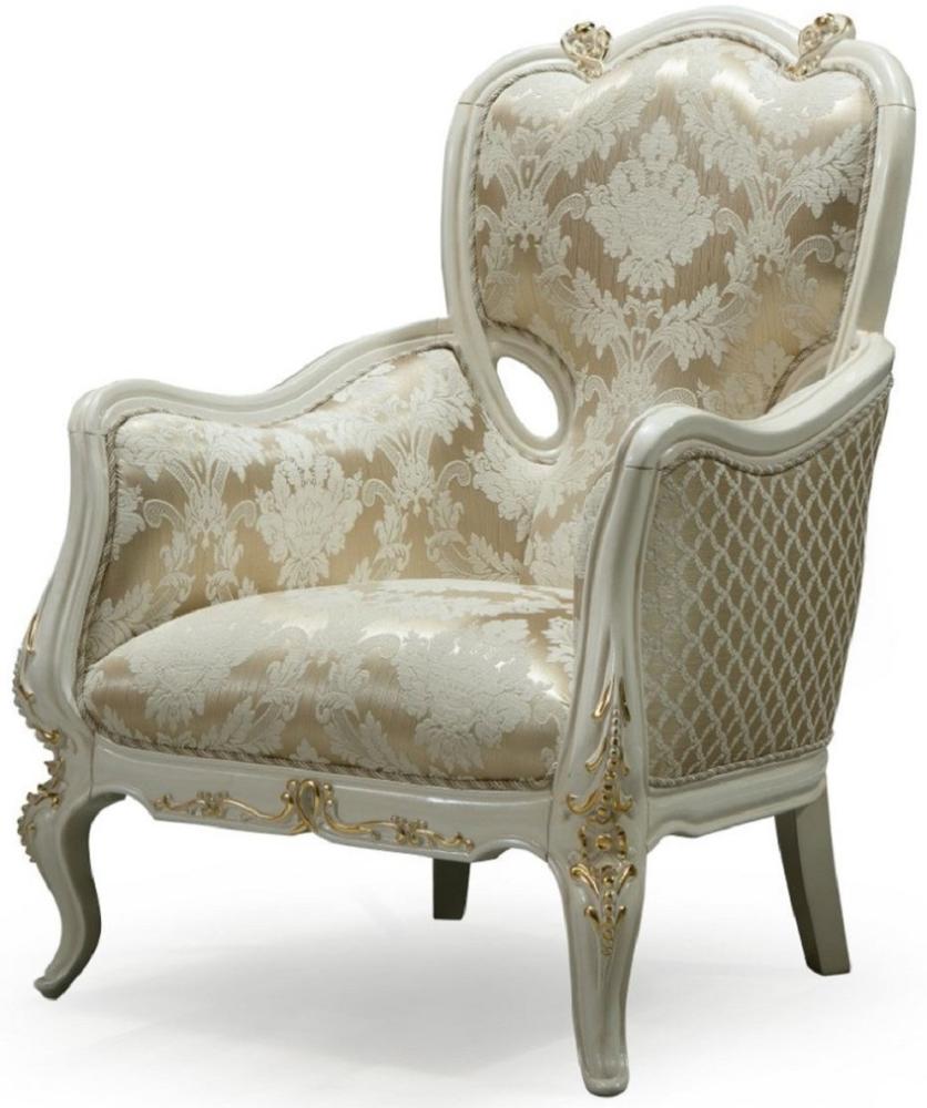 Casa Padrino Luxus Barock Wohnzimmer Sessel Gold / Weiß / Gold - Handgefertigter Barockstil Sessel mit elegantem Muster - Barock Wohnzimmer Möbel Bild 1