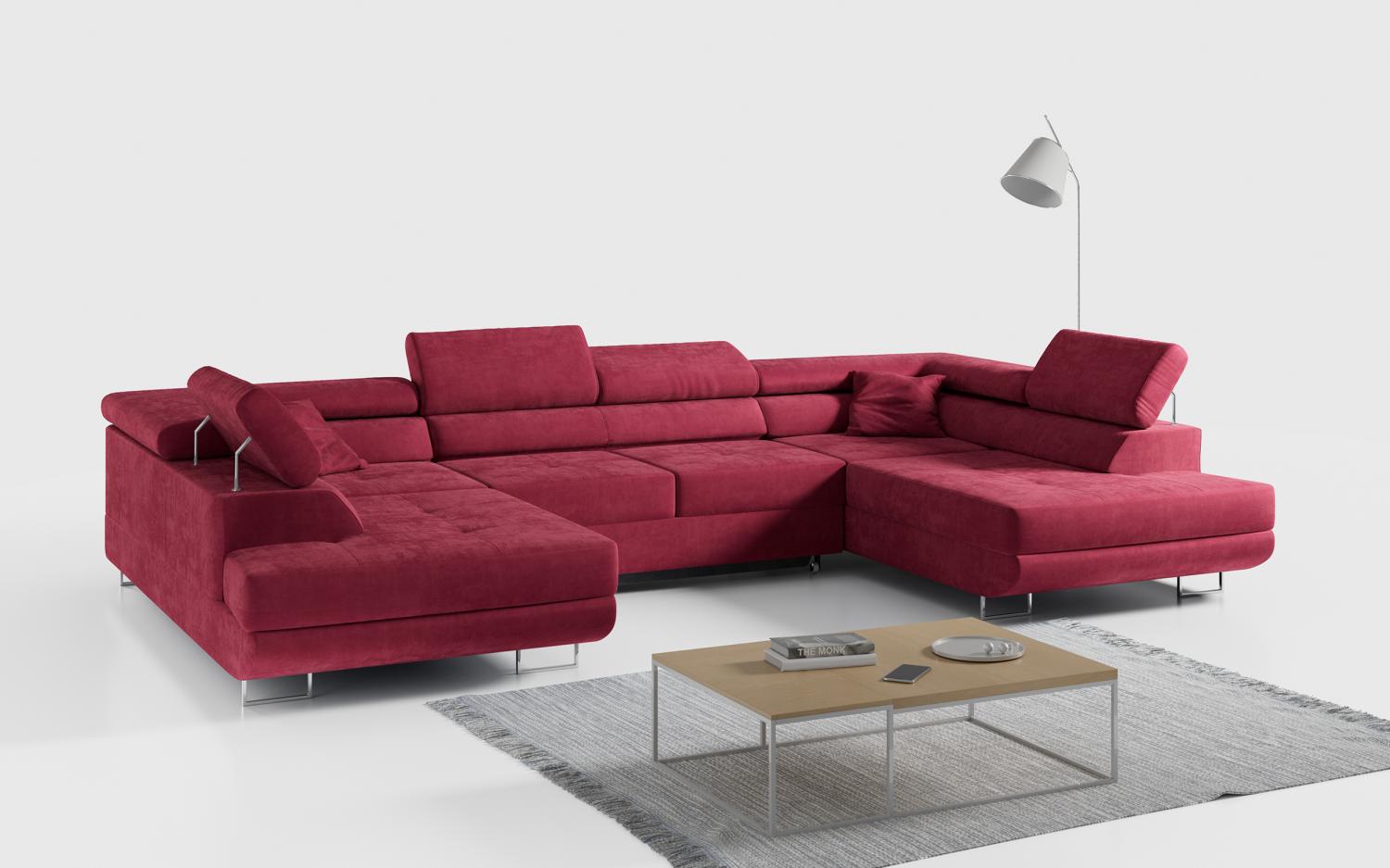 Ecksofa, Wohnzimmer U Couch, Polstersofa mit Bettkasten - GUSTAW-U - Rot Velours Bild 1