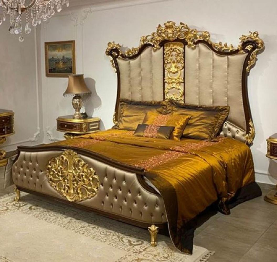 Casa Padrino Luxus Barock Doppelbett Silber / Dunkelbraun / Gold - Edles Massivholz Bett mit Kopfteil - Prunkvolle Schlafzimmer Möbel im Barockstil Bild 1