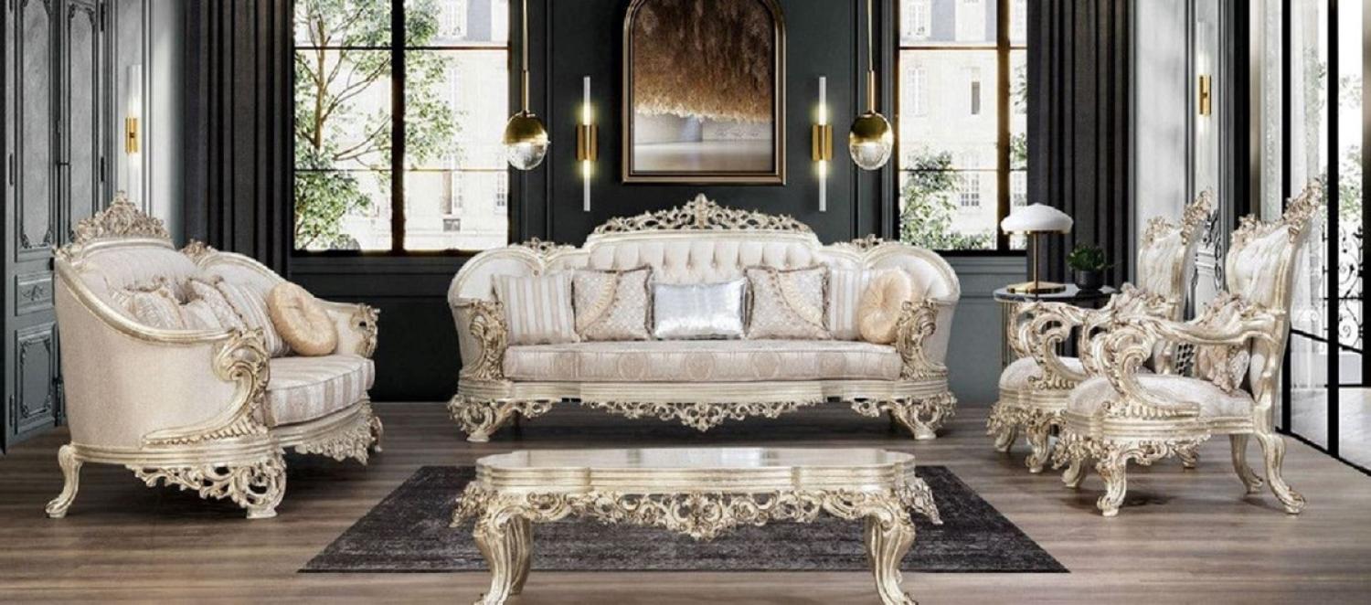 Casa Padrino Luxus Barock Wohnzimmer Set Cremefarben / Beige / Antik Gold - 2 Sofas & 2 Sessel & 1 Couchtisch - Handgefertigte Wohnzimmer Möbel im Barockstil - Edel & Prunkvoll Bild 1