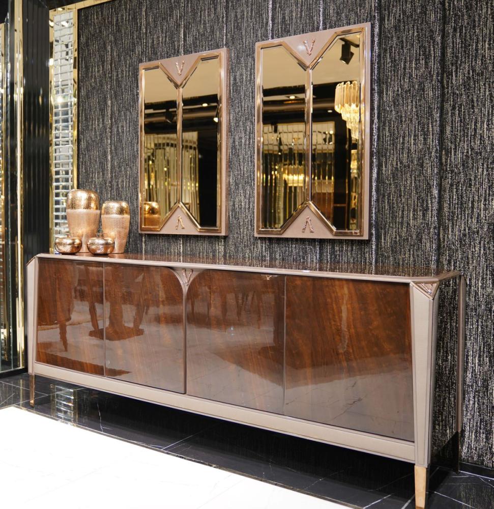 Casa Padrino Luxus Möbel Set Dunkelbraun / Grau / Kupfer / Gold - 1 Luxus Sideboard mit 4 Türen & 2 Luxus Wandspiegel - Esszimmer Möbel - Esszimmer Einrichtung - Luxus Möbel - Luxus Einrichtung Bild 1