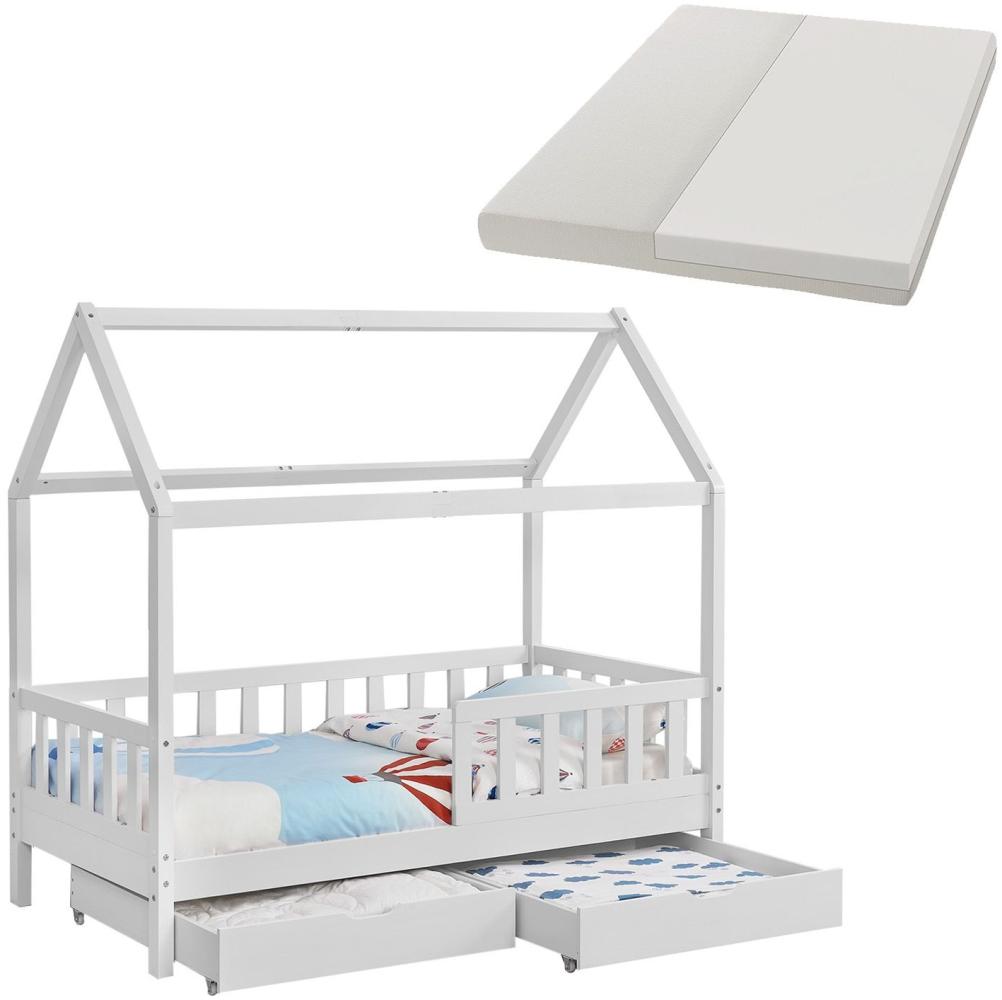 Juskys Kinderbett Marli 90 x 200 cm mit Matratze, Bettkasten, Rausfallschutz, Lattenrost & Dach - Massivholz Hausbett für Kinder - Bett in Weiß Bild 1