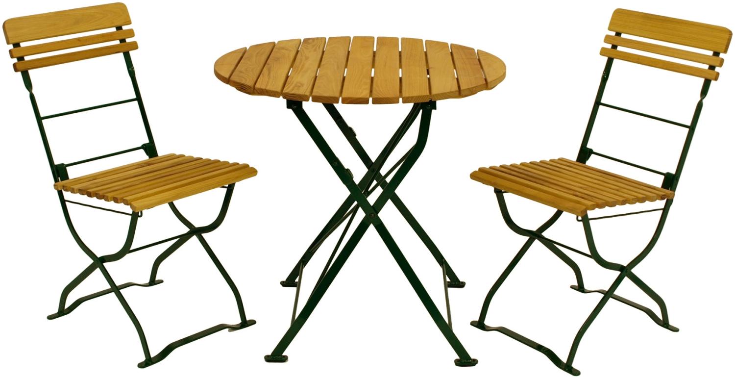Biergarten - Garnitur MÜNCHEN 3-teilig (2x Stuhl, 1x Tisch 77cm rund), Flachstahl grün + Robinie Bild 1