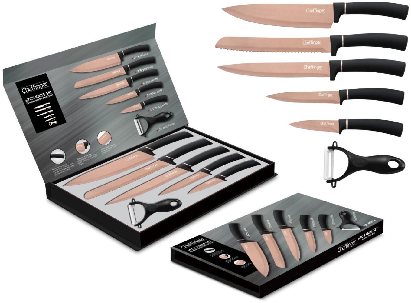6 Teiliger Messer-Set aus hochwertigem Edelstahl Brotmesser Fleischmesser Messer Gold Bild 1