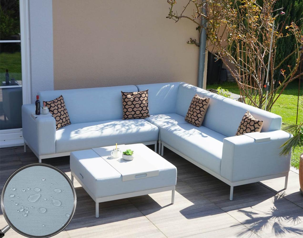 Alu-Garten-Garnitur HWC-C47, Sofa, Outdoor Stoff/Textil ~ blau mit Ablage, Kissen braun Bild 1