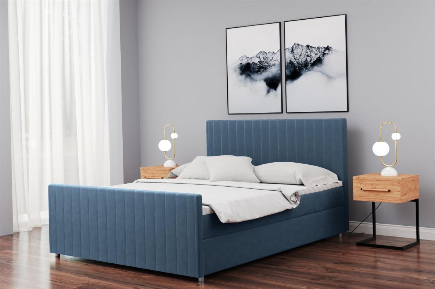 Boxspringbett Schlafzimmerbett ROSALIE 160x200cm in Stoff Matt Velvet Blau Bild 1