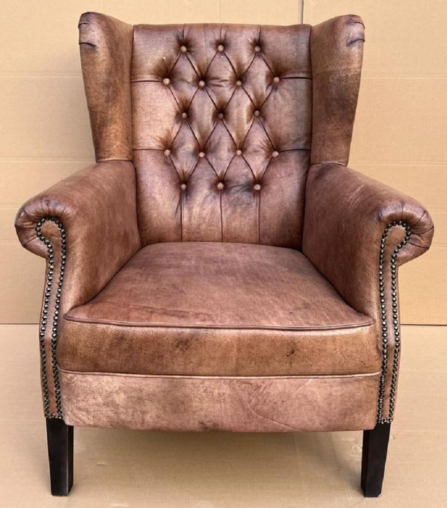 Casa Padrino Luxus Echtleder Chesterfield Ohrensessel Vintage Braun / Schwarz Wohnzimmer Sessel Leder Bild 1