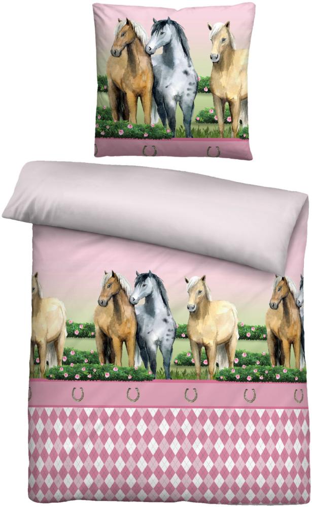 Biberna Linon Bettwäsche Pferde Größe 135x200/80x80 cm rosa Bild 1