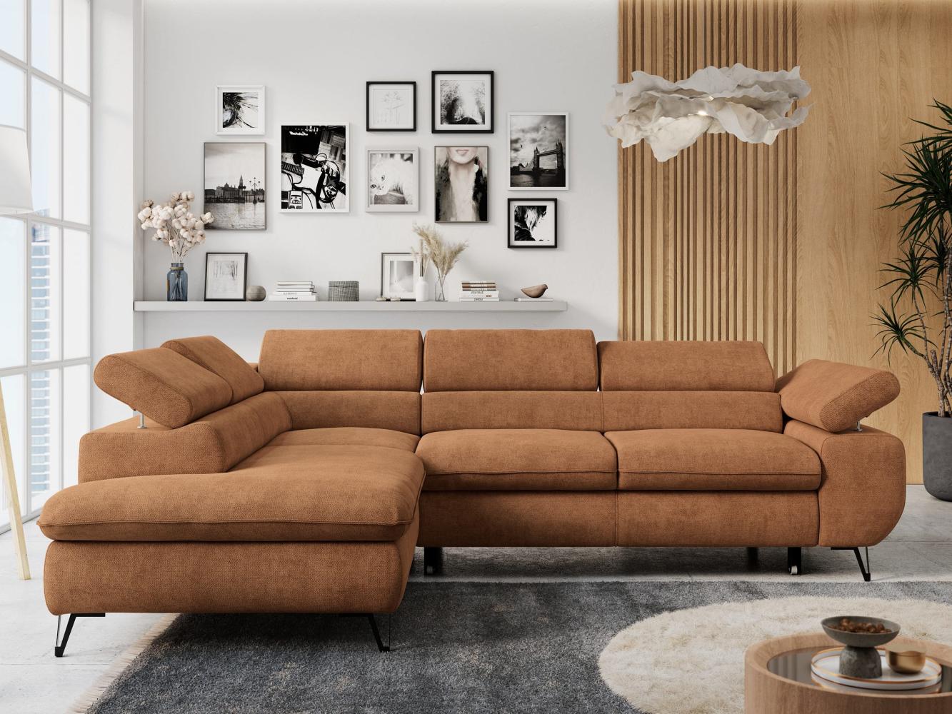 Ecksofa mit Bettfunktion, Modern Sofa, L-form, Einstellbare Kopfstützen, Bettkasten - PETER - Orange Stoff - Topper T25 - links Bild 1