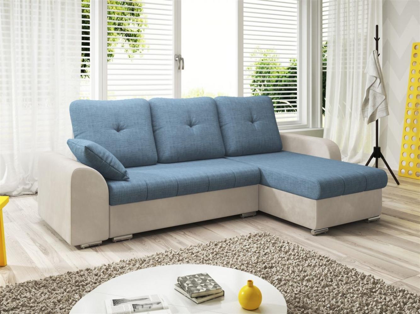 Ecksofa Sofa DEKOS mit Schlaffunktion Weiß / Hellblau Ottomane Rechts Bild 1