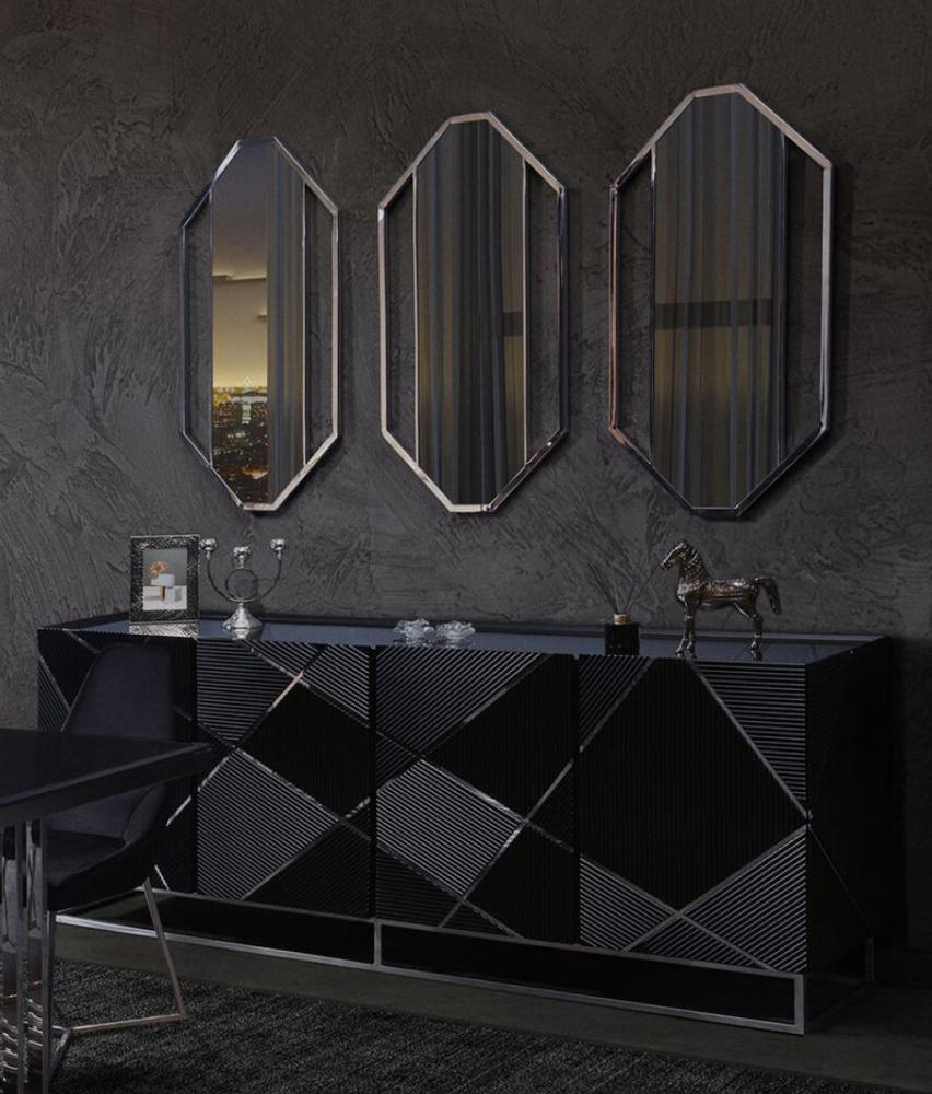 Casa Padrino Luxus Möbel Set Sideboard und 3 Spiegel Schwarz / Silber - Massivholz Schrank und 3 elegante Wandspiegel - Luxus Möbel - Luxus Qualität Bild 1