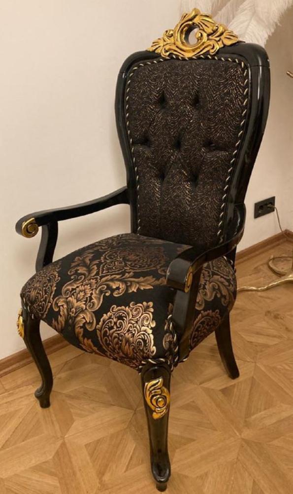 Casa Padrino Luxus Barock Esszimmer Stuhl mit Armlehnen Schwarz / Gold - Esszimmer Möbel im Barockstil - Luxus Möbel im Barockstil - Barock Interior - Barock Möbel - Edel & Prunkvoll Bild 1