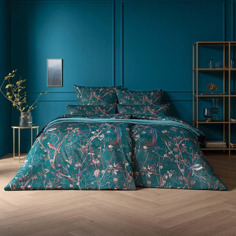 Estella Mako-Satin Bettwäsche 200x220 Marcella blautanne Vögel Äste Blüten 7955-581 Bild 1