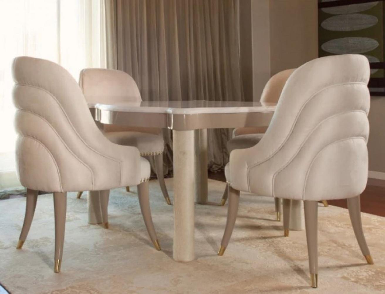 Casa Padrino Luxus Esszimmer Set Cremefarben / Taupe / Grau / Gold - 1 Marmor Esstisch & 4 Esszimmerstühle mit edlem Samtstoff - Luxus Esszimmer Möbel - Luxus Qualität - Made in Italy Bild 1