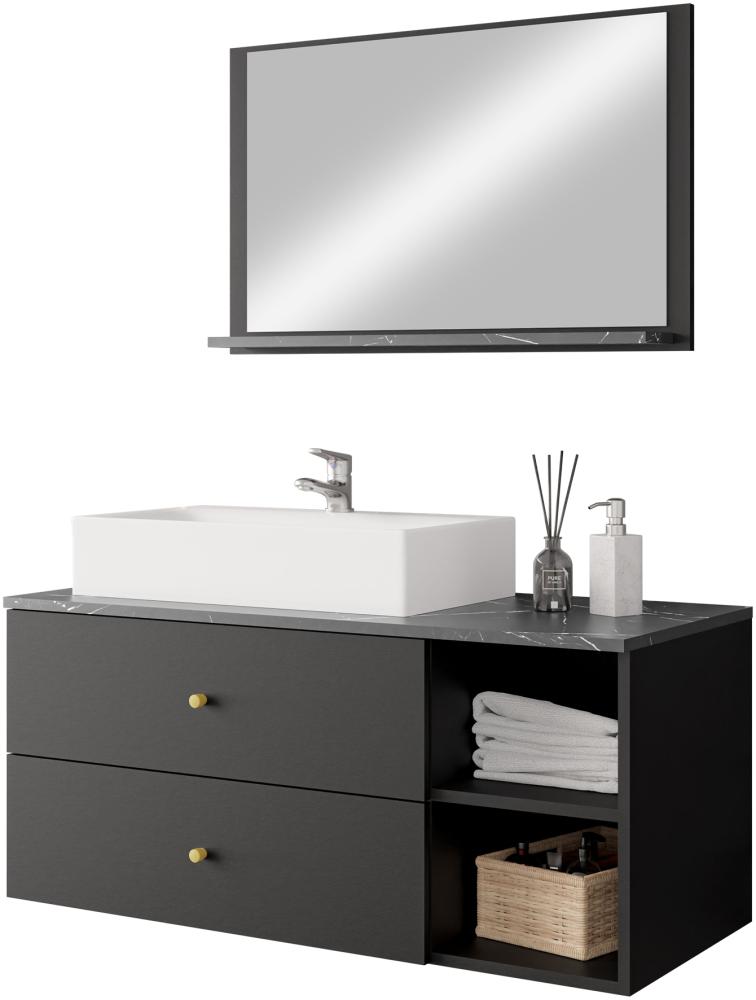 Badmöbel Set Kormen I mit Waschbecken und Siphon (Farbe: Schwarz + Schwarzer Marmor) Bild 1