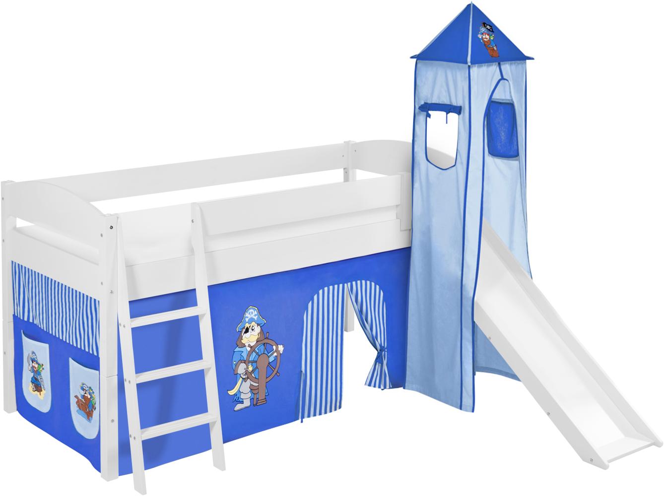 Lilokids 'Ida 4105' Spielbett 90 x 200 cm, Pirat Blau, Kiefer massiv, mit Turm, Rutsche und Vorhang Bild 1
