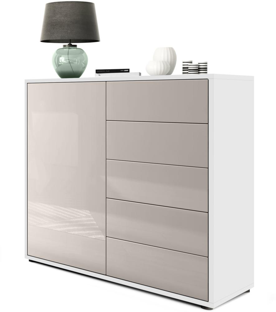 Vladon Sideboard Ben V2, Kommode mit 1 Tür und 5 Schubladen, Weiß matt/Sandgrau Hochglanz (79 x 74 x 36 cm) Bild 1