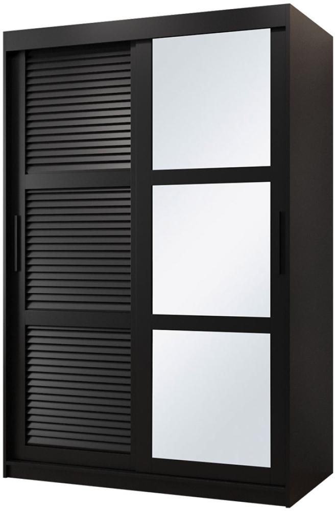 Kleiderschrank Zerimo II 120 cm, Spiegel, Kleiderstangen, Einlegeböden, Schwebetürenschrank (Farbe: Schwarz, mit Schubladen) Bild 1